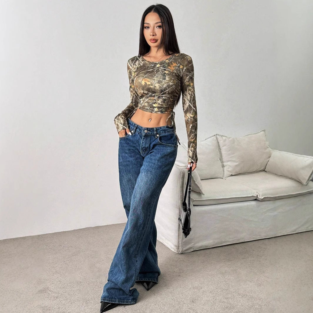 Long Sleeve Ruched Crop Top in Olive Branch-Print Mesh - olive full-length styled view