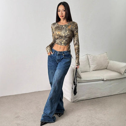 Long Sleeve Ruched Crop Top in Olive Branch-Print Mesh - olive full-length styled view