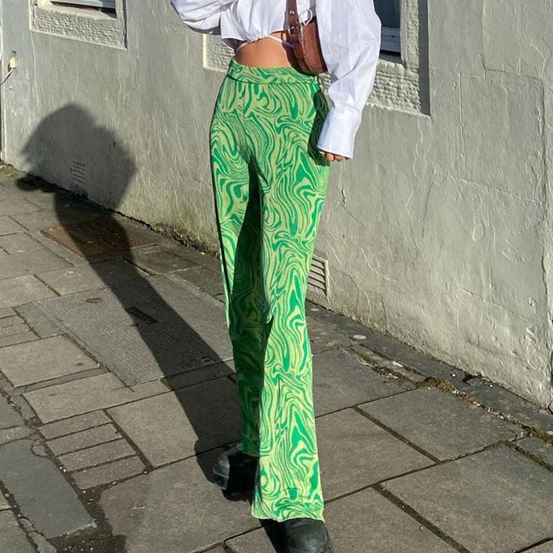 High-Waist Printed Wide-Leg Trousers - green water ripples outdoor full-length view