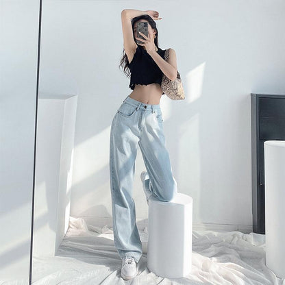 Jeans in Light Blue High-Waist Wide-Leg Denim - full-length styled front view