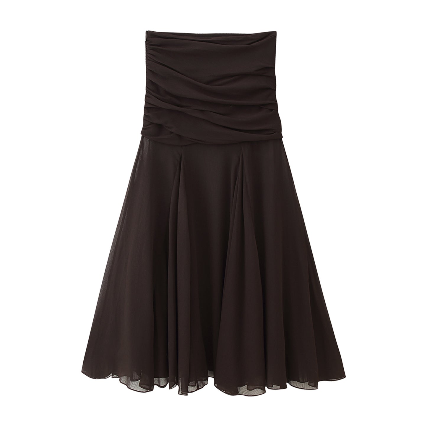 Midi Dress in Chocolate Brown with Ruched Bandeau Bodice - chocolate brown full-length alternate view