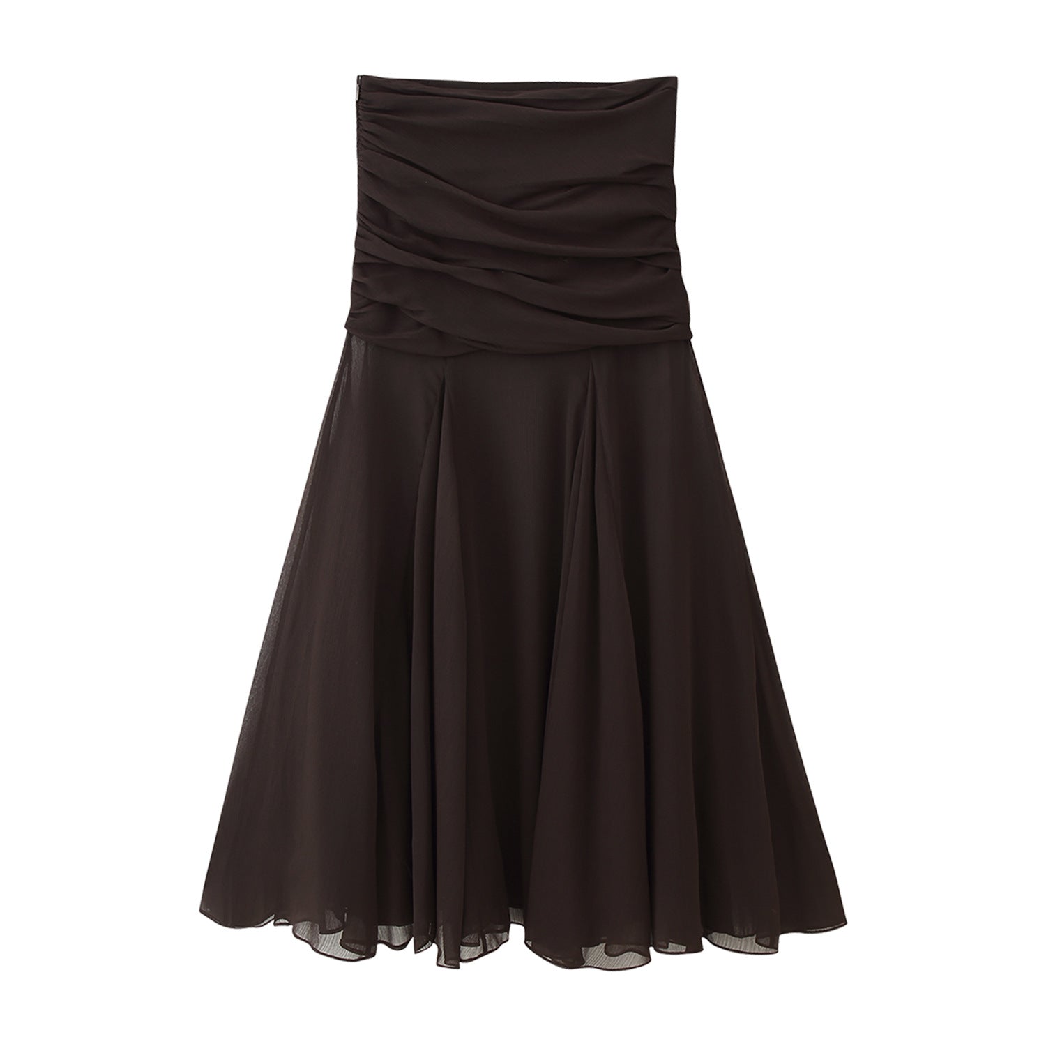 Midi Dress in Chocolate Brown with Ruched Bandeau Bodice - chocolate brown full-length alternate view