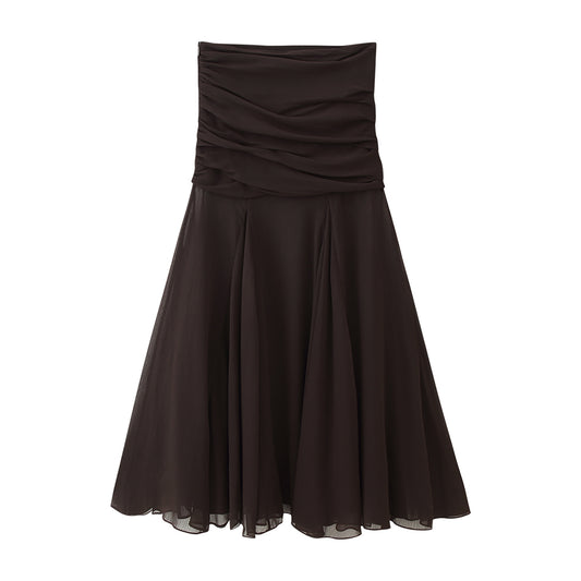 Midi Dress in Chocolate Brown with Ruched Bandeau Bodice - chocolate brown full-length alternate view