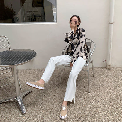 High-Waist Front-Slit Wide-Leg Trousers - white hero full outfit