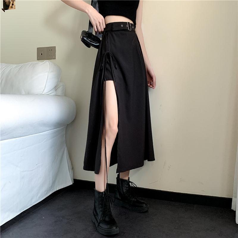 Midi Skirt in Black with Belted Asymmetric Split - black front view with high split
