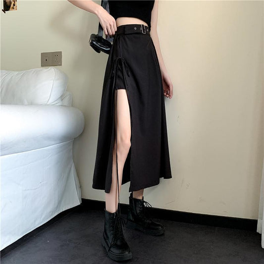 Midi Skirt in Black with Belted Asymmetric Split - black front view with high split