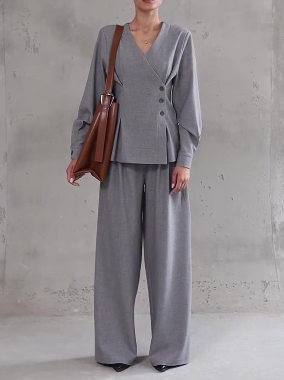 Asymmetric V-Neck Top & Wide-Leg Trouser Co-Ord in Grey - grey full front view