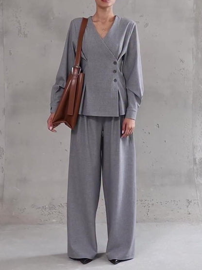 Asymmetric V-Neck Top & Wide-Leg Trouser Co-Ord in Grey - grey full front view