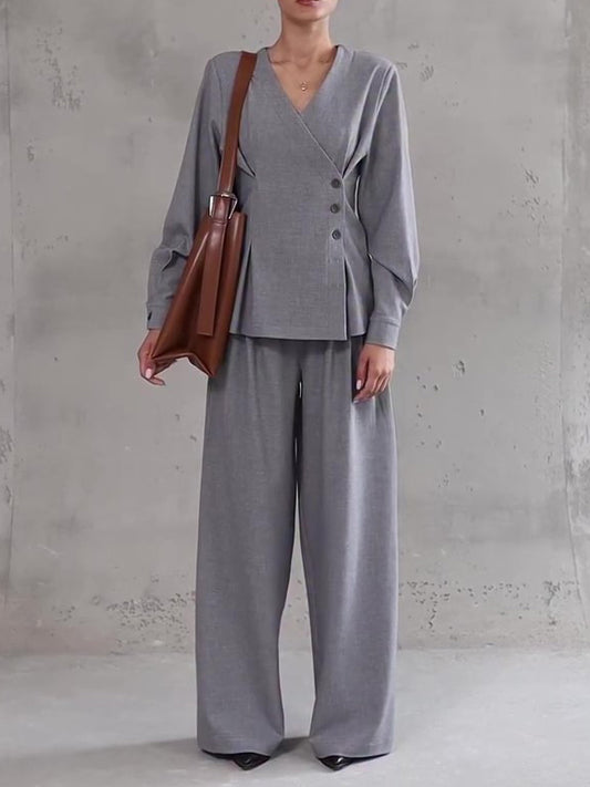 Asymmetric V-Neck Top & Wide-Leg Trouser Co-Ord in Grey - grey full front view