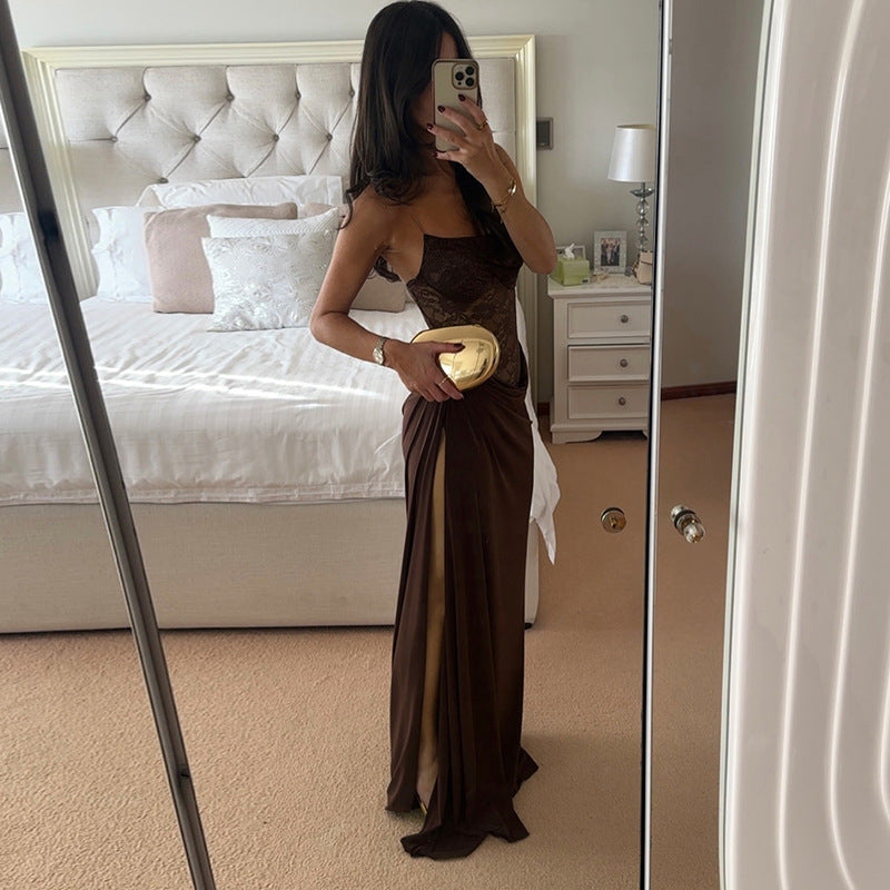 Maxi Dress with Sheer Lace Bodice and Draped Skirt - brown drape and split detail