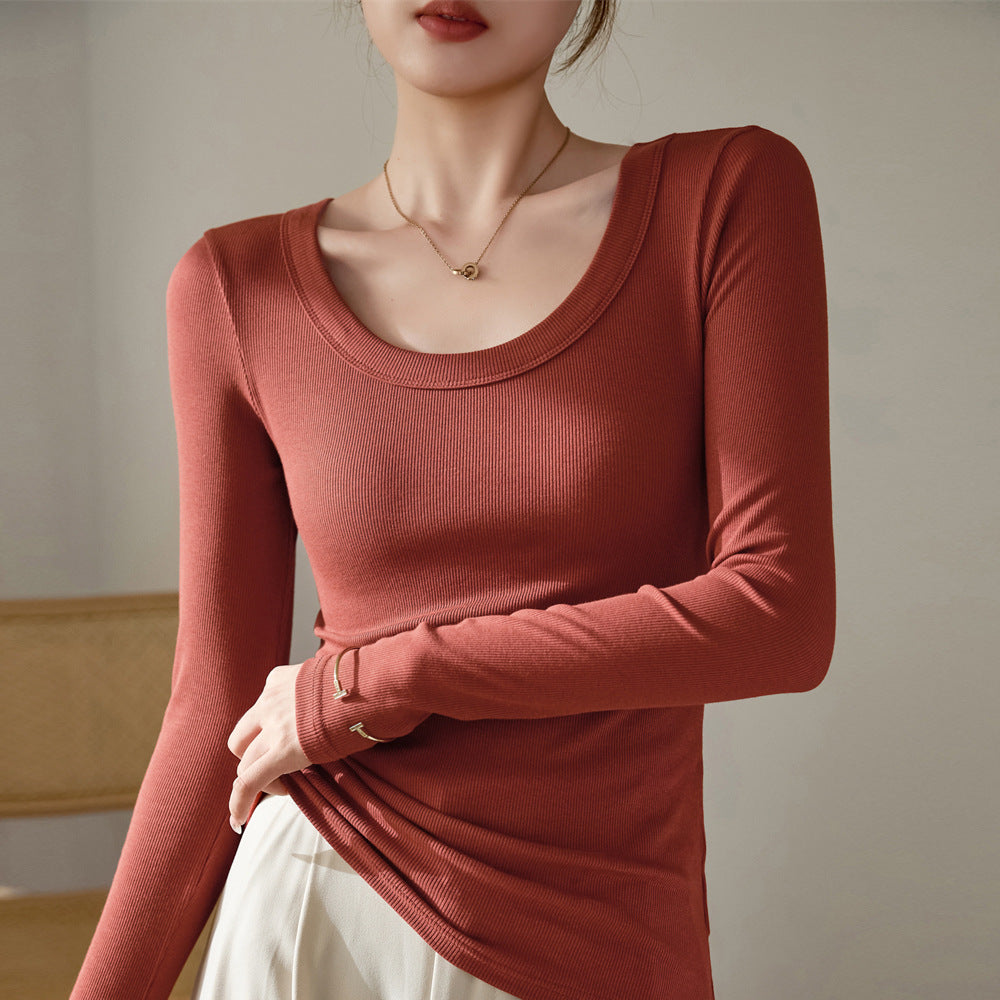 Long Sleeve Top in Ribbed Cotton with Scoop Neck - tomato red front view