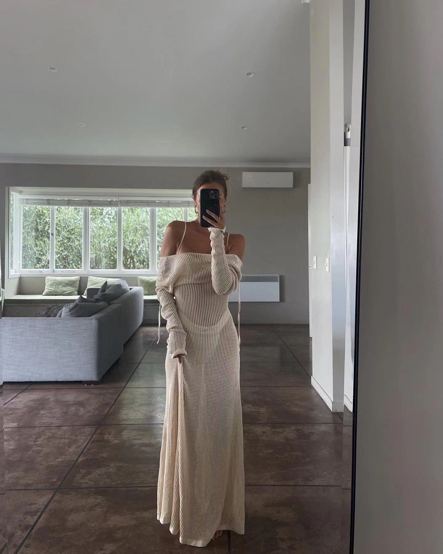 Maxi Dress in Sheer Open-Knit Cotton - Apricot mirror full-length view