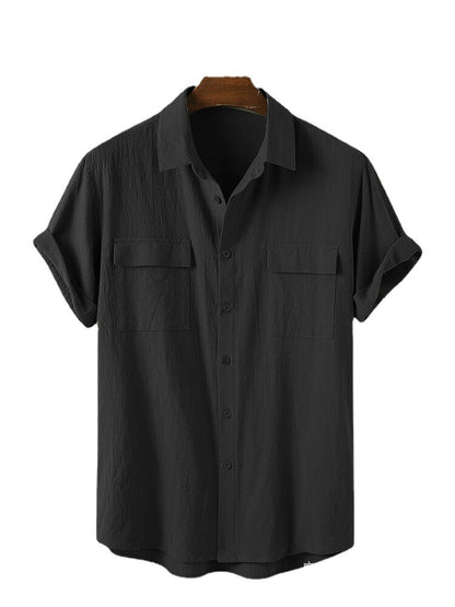 Utility Shirt with Rolled Half Sleeves - black front view