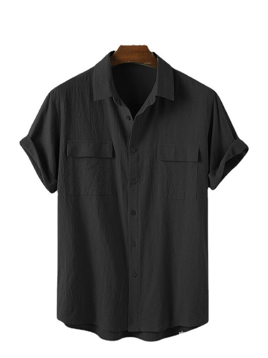 Utility Shirt with Rolled Half Sleeves - black front view
