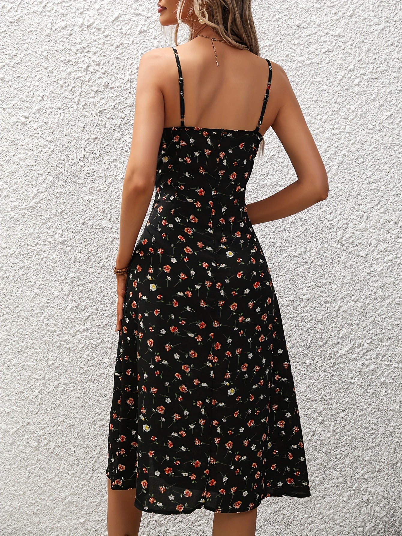 Midi Dress in Dot Print with Side Split - black back view
