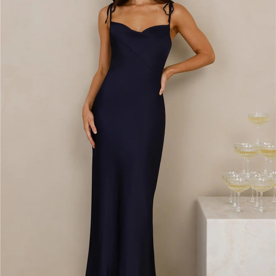 Maxi Dress in Satin with Tie-Shoulder Straps - Dark blue front view