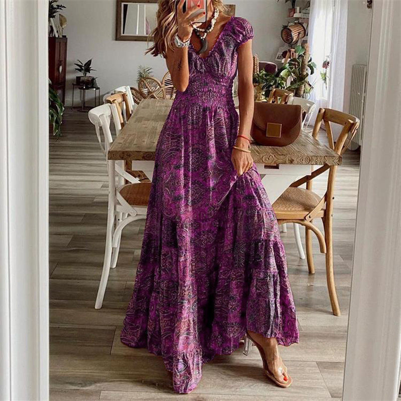 Maxi Dress in Floral Print with Tiered Skirt and V-Neck - Purple full-length front view