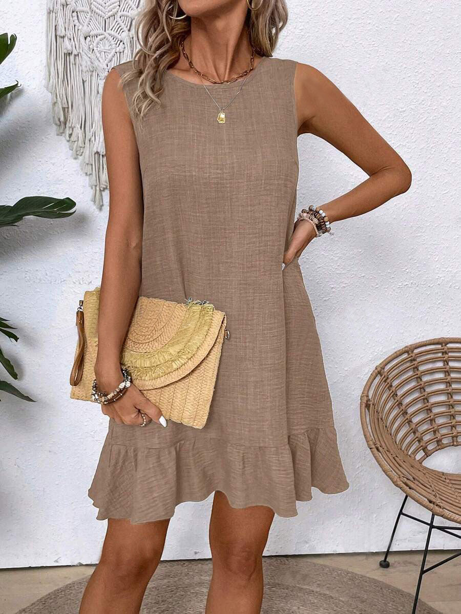 Mini Dress with Ruffle Hem and Sleeveless Swing Fit - khaki front view