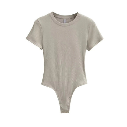 Bodysuit in Stretch Cotton with Short Sleeves - greige front view