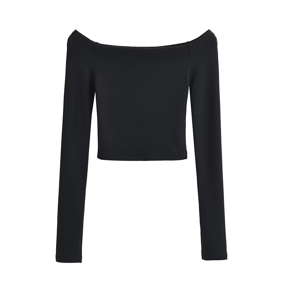 Bardot Long Sleeve Crop Top in Black, White and Neutrals - black front view