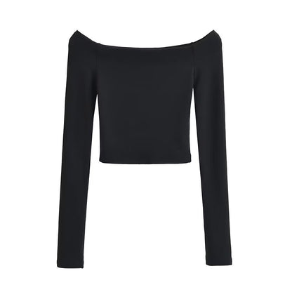 Bardot Long Sleeve Crop Top in Black, White and Neutrals - black front view