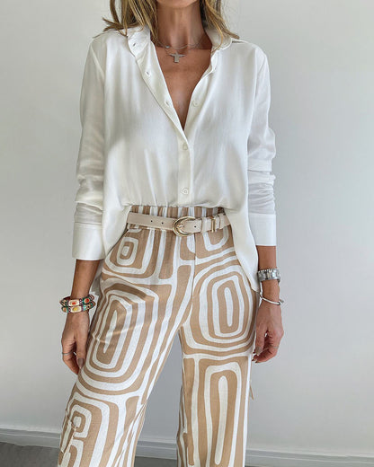 Wide-Leg Trousers & Relaxed Shirt Co-Ord Set in Geometric Print - khaki blouse and waistband detail