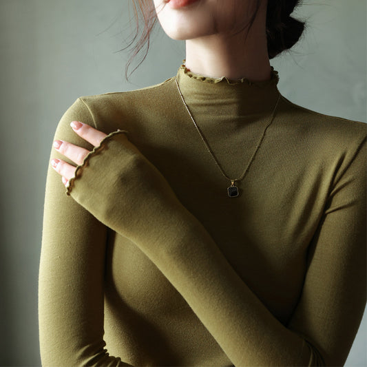 Top in Stretch Mock Neck with Ruffle Trim - mustard yellow close-up