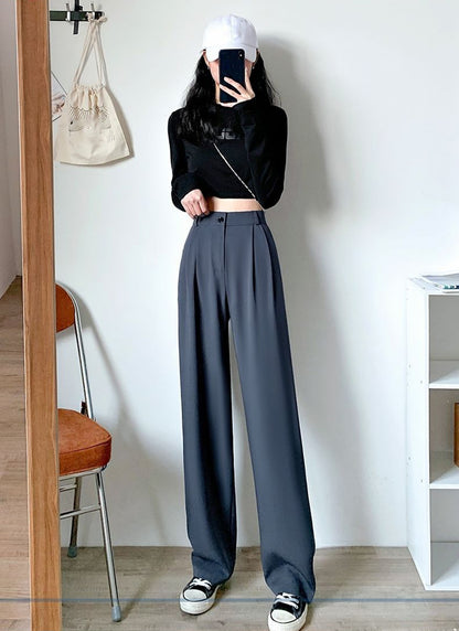 Wide-Leg Trousers with Pleated Front - grey front view