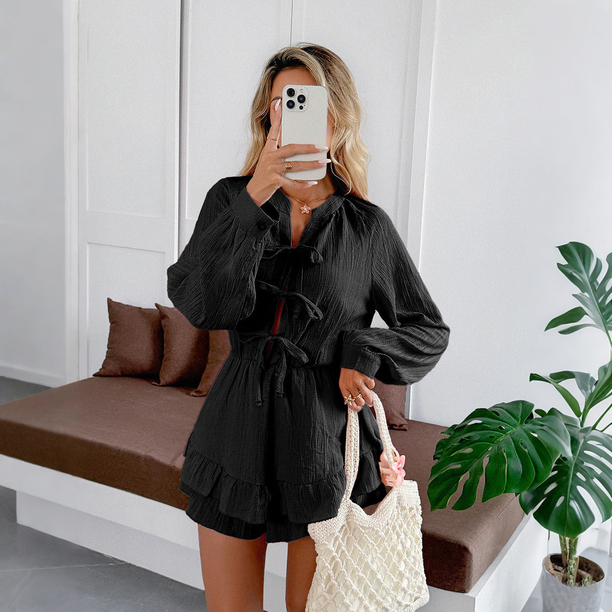 Playsuit in Black with Tie Front and Frill Hem - black front view