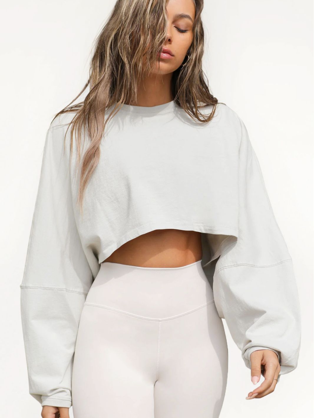 Crop Sweatshirt with Balloon Sleeves in Washed Neutrals - pale grey front view
