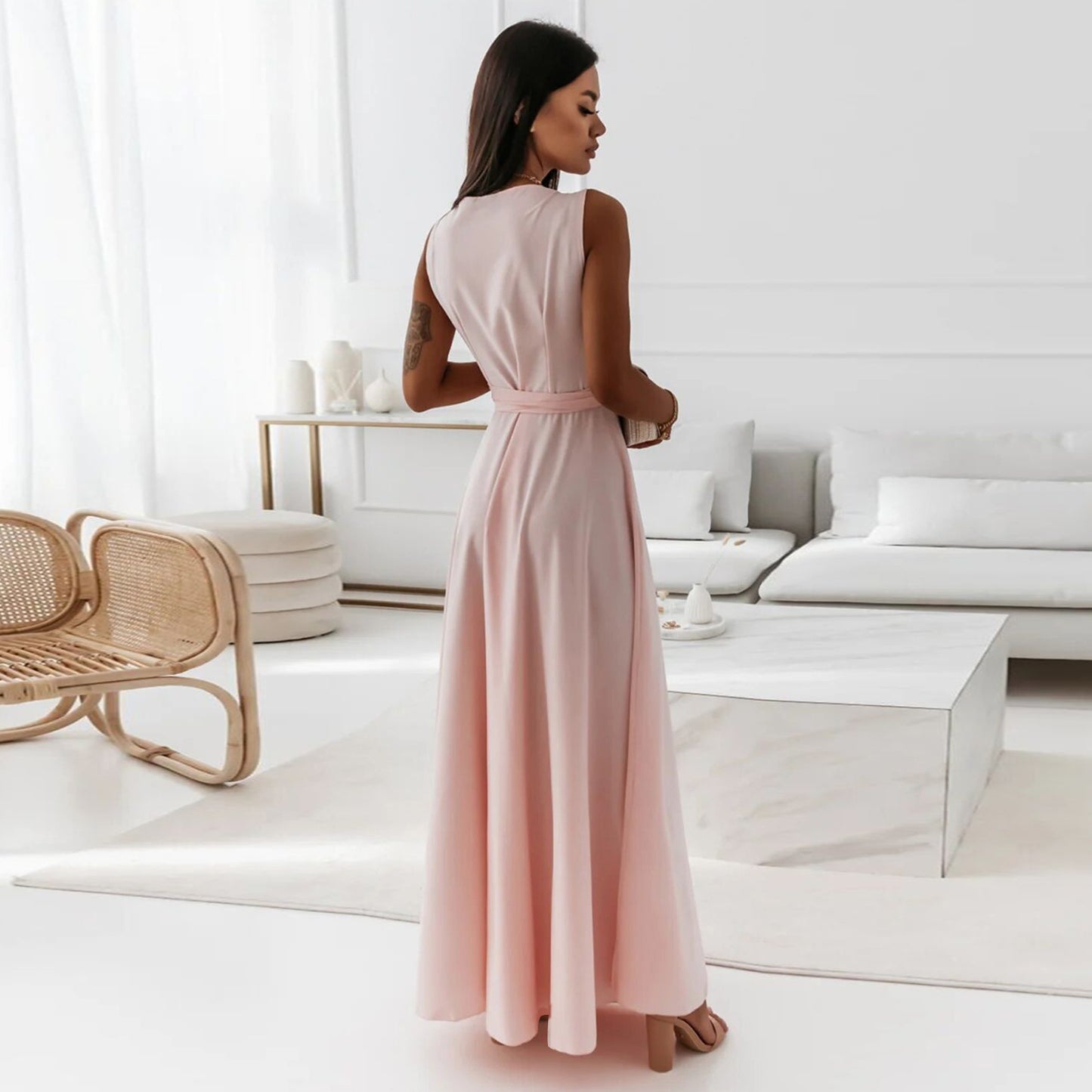 Maxi Dress with Wrap V-Neck and Tie Waist - lotus root pink back view