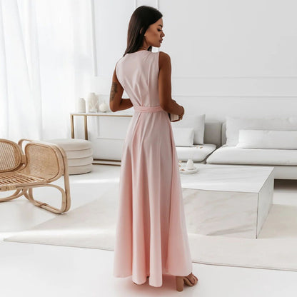 Maxi Dress with Wrap V-Neck and Tie Waist - lotus root pink back view