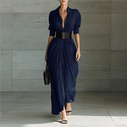 Maxi Shirt Dress with Draped Skirt and Wide Waist Belt - navy blue front full-length view