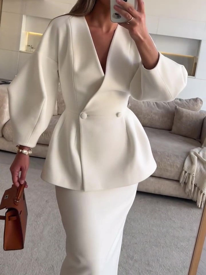 Maxi Skirt Suit in Ivory with Sculpted Blazer - ivory full-length front view