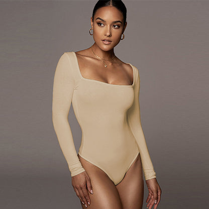Bodysuit with Square Neck and Long Sleeves - apricot front lifestyle
