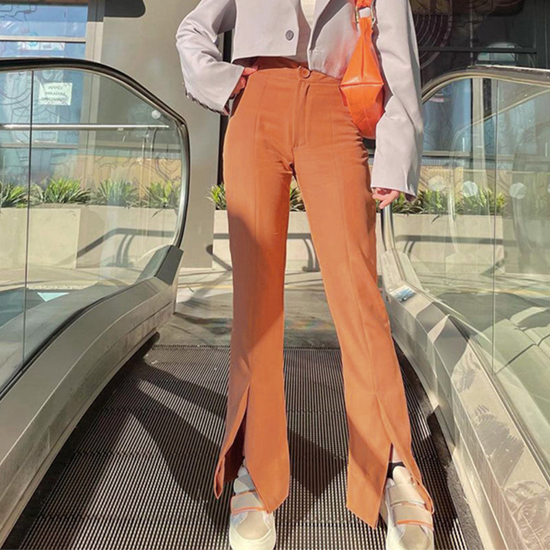 Split-Hem Flared Trousers in Black, Pink or Orange - Orange front view with heels