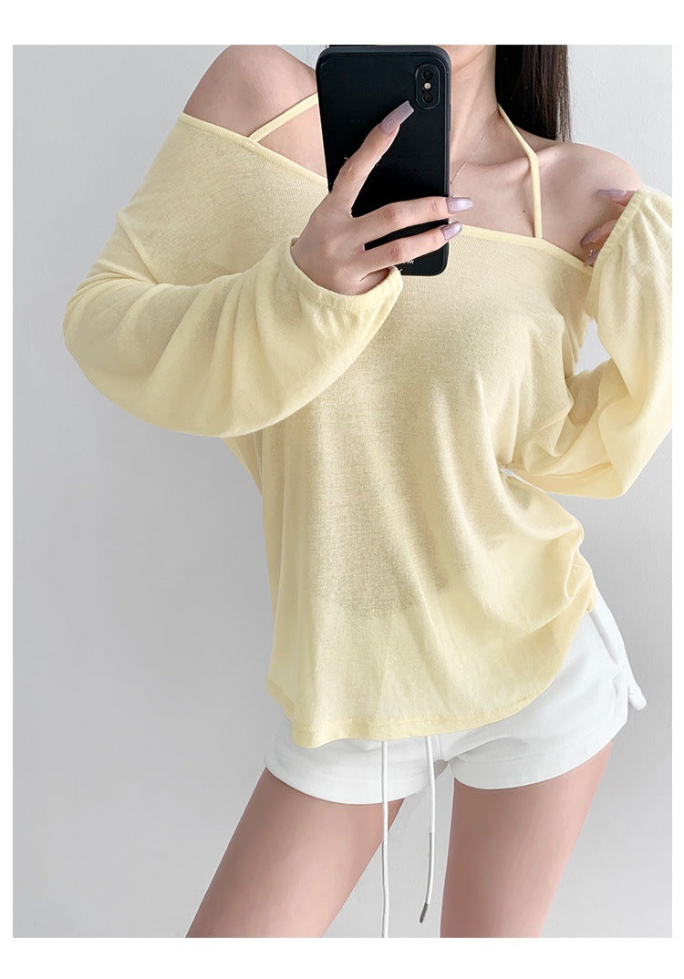 Top with Off-Shoulder Halter Strap - pastel yellow mirror view