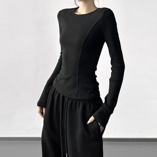 Long Sleeve Base Layer Top with Sculpted Seams - black front full length