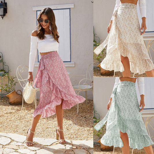 Midi Skirt in Floral Chiffon with Wrap Ruffle Hem - pink cream and sage lifestyle collage