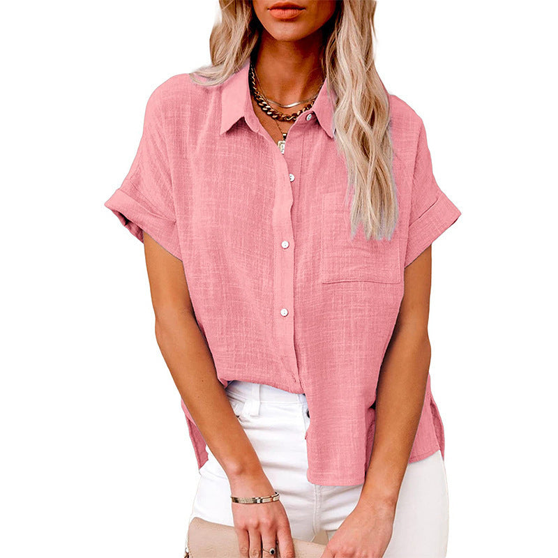Short-Sleeve Textured Shirt with Pocket - Pink front view