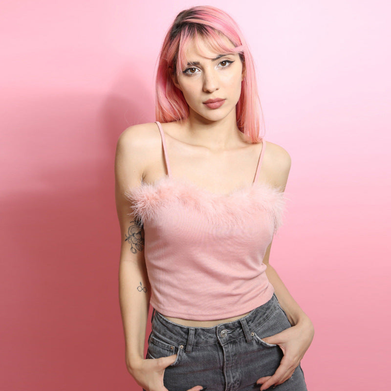 Cami Top with Feather Trim in Pink & White - pink front studio view