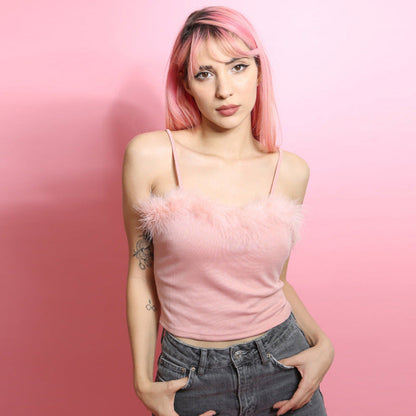Cami Top with Feather Trim in Pink & White - pink front studio view