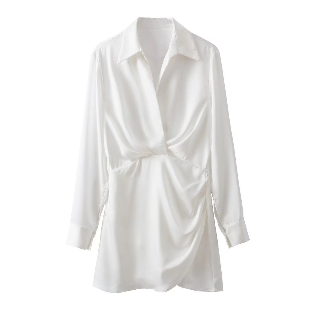 Mini Shirt Dress with Satin-Feel Drape Waist - white flat front view