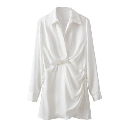 Mini Shirt Dress with Satin-Feel Drape Waist - white flat front view