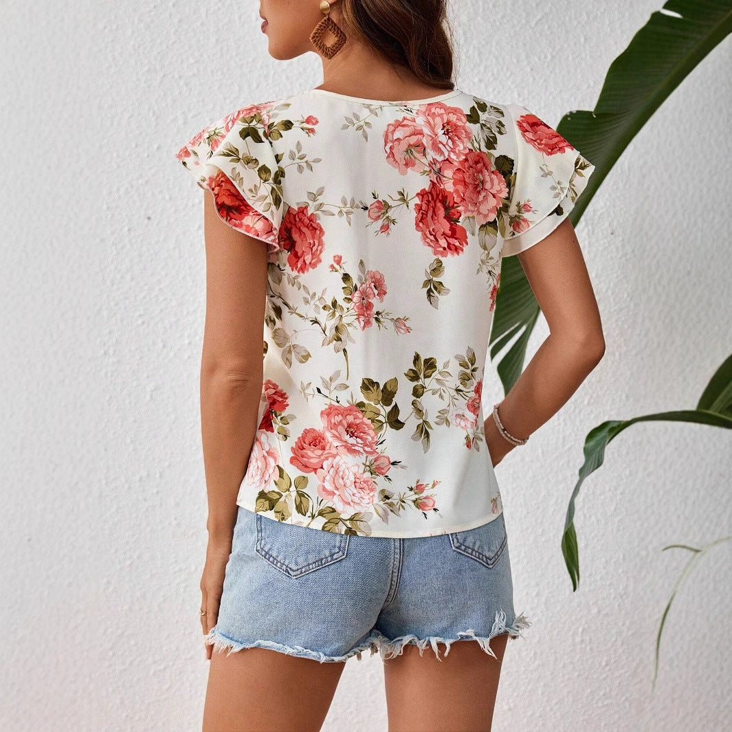 Blouse in Floral Print with Frill Sleeves - white floral back view