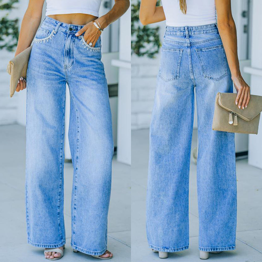 Wide-Leg Jeans in Light-Wash Blue Denim - blue front and back view