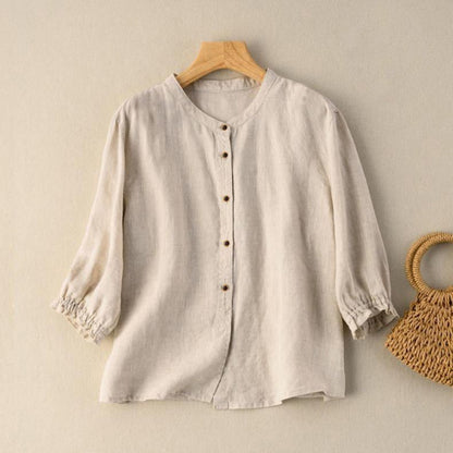 Blouse in Textured Cotton with Gathered Half Sleeves - beige front view
