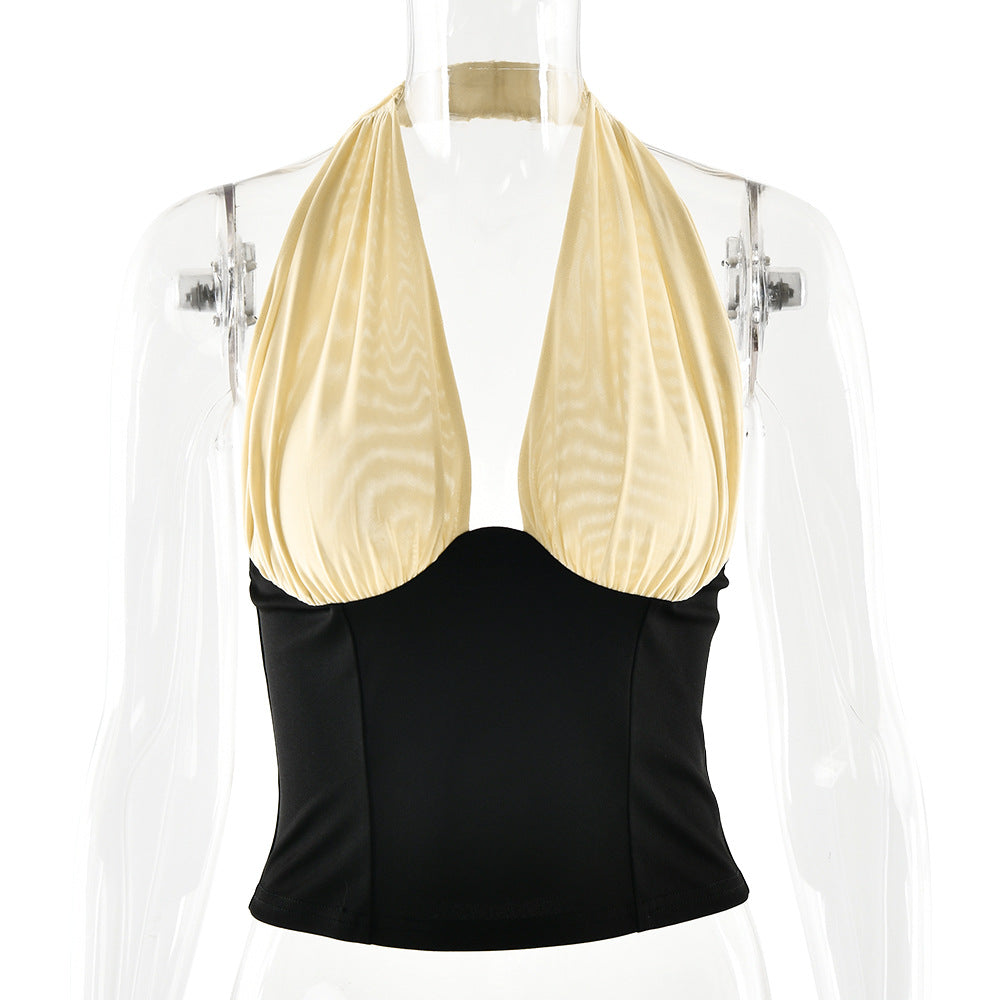 Halter Top in Black with Draped Cream Bust - black and cream mannequin front