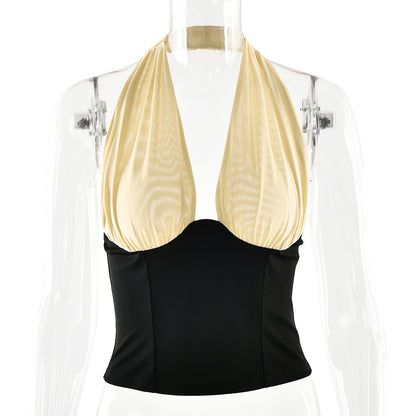 Halter Top in Black with Draped Cream Bust - black and cream mannequin front