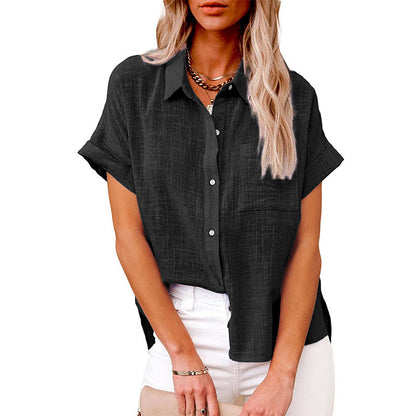 Short-Sleeve Textured Shirt with Pocket - Black front view